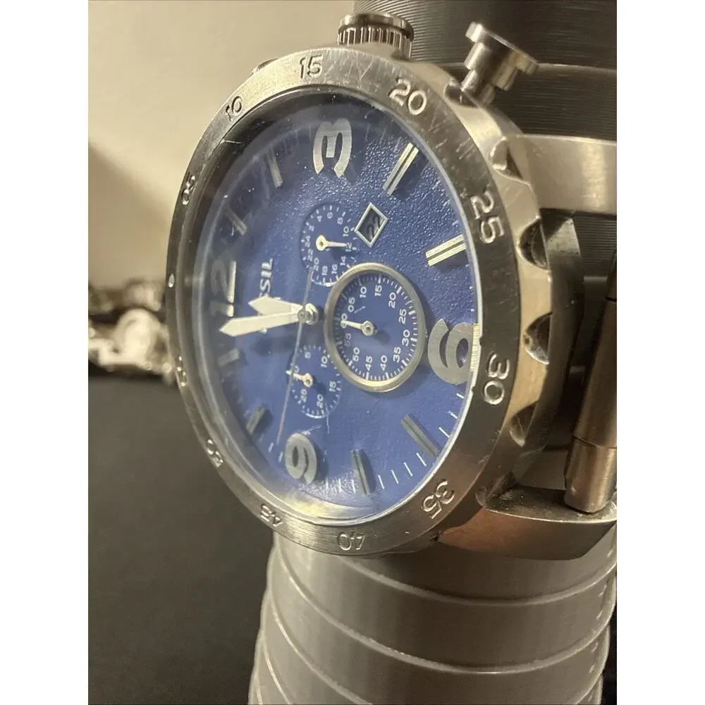 MEN FOSSIL JR-1445 New Battery 50mm Case 6.25” Band Blue Dial Chronograph (B31)